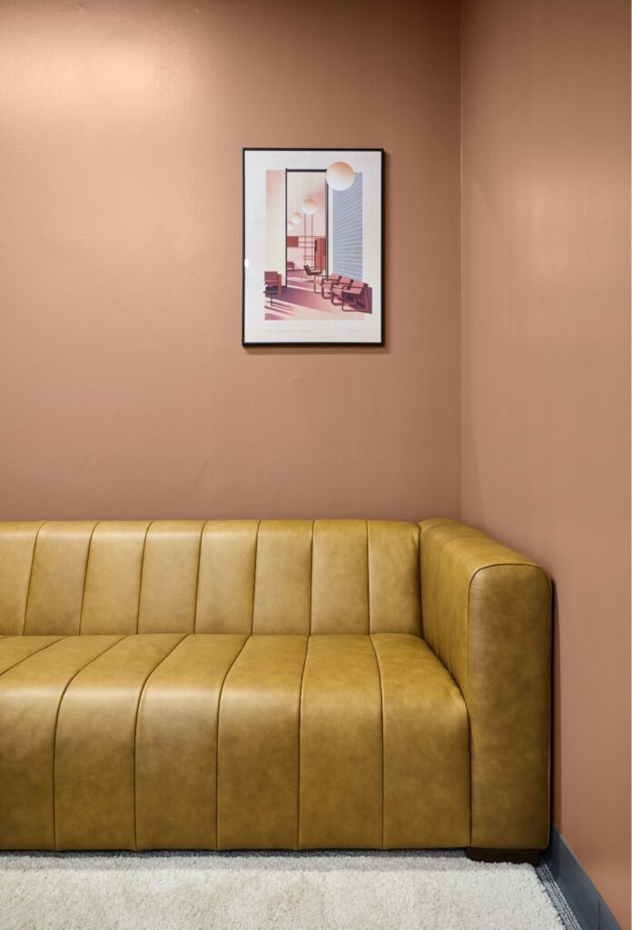 A modern room with tan leather sofa against a muted terracotta wall, white carpet on the floor, and a framed artwork featuring a minimalist interior scene hanging above the couch.