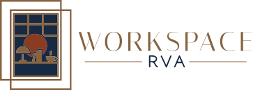 Logo for Workspace RVA featuring a stylized window with a desk lamp, plant, books, and coffee cup on the left, and the words Workspace RVA in elegant brown text on the right.